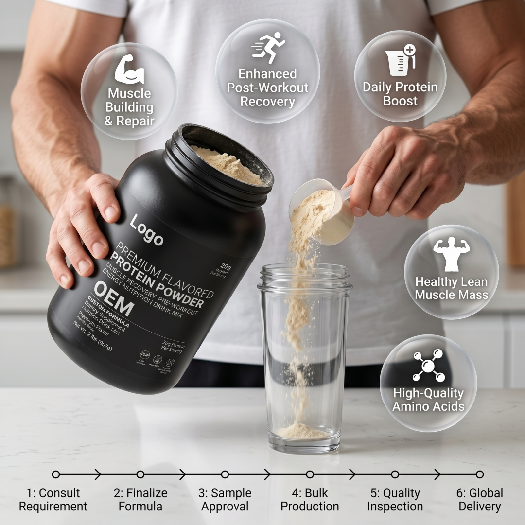 GMP OEM Custom Formula Premium Flavored Protein Powder Muscle Recovery Pre Workout Energy Nutrition Drink Mix Dietary Supplement