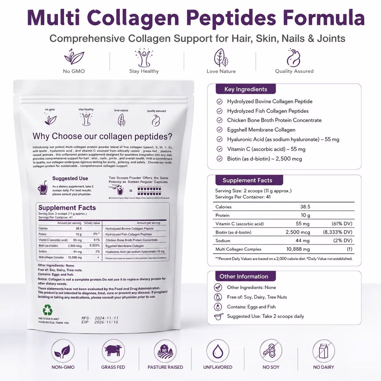 OEM Multi Collagen Peptides Powder Hydrolyzed Protein Peptides Hyaluronic Acid Biotin Vitamin C Natural Skin Beauty Product 2lb