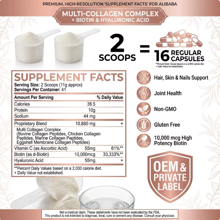 OEM ODM Hydrolyzed Bovine Collagen Peptides Powder Sugar Free Protein for Hair Growth and Skin Beauty Wholesale