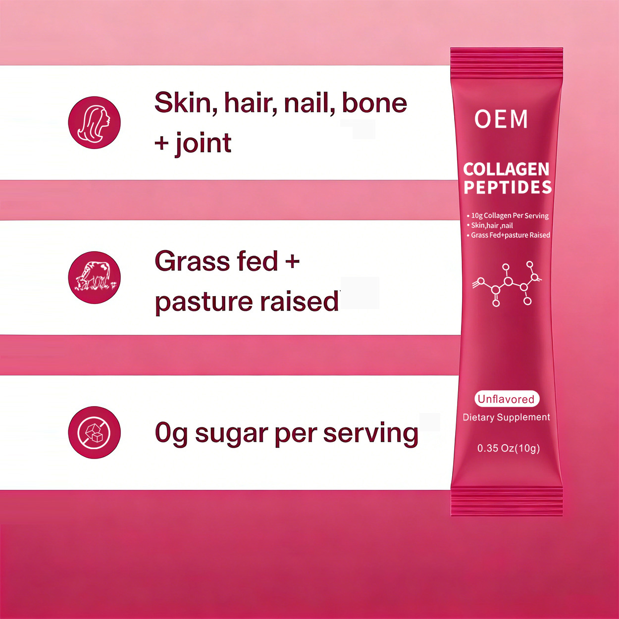 OEM Unflavored Collagen Peptides - 10g Grass Fed Protein Per Serving, 20 Stick Packs, Private Label Ready