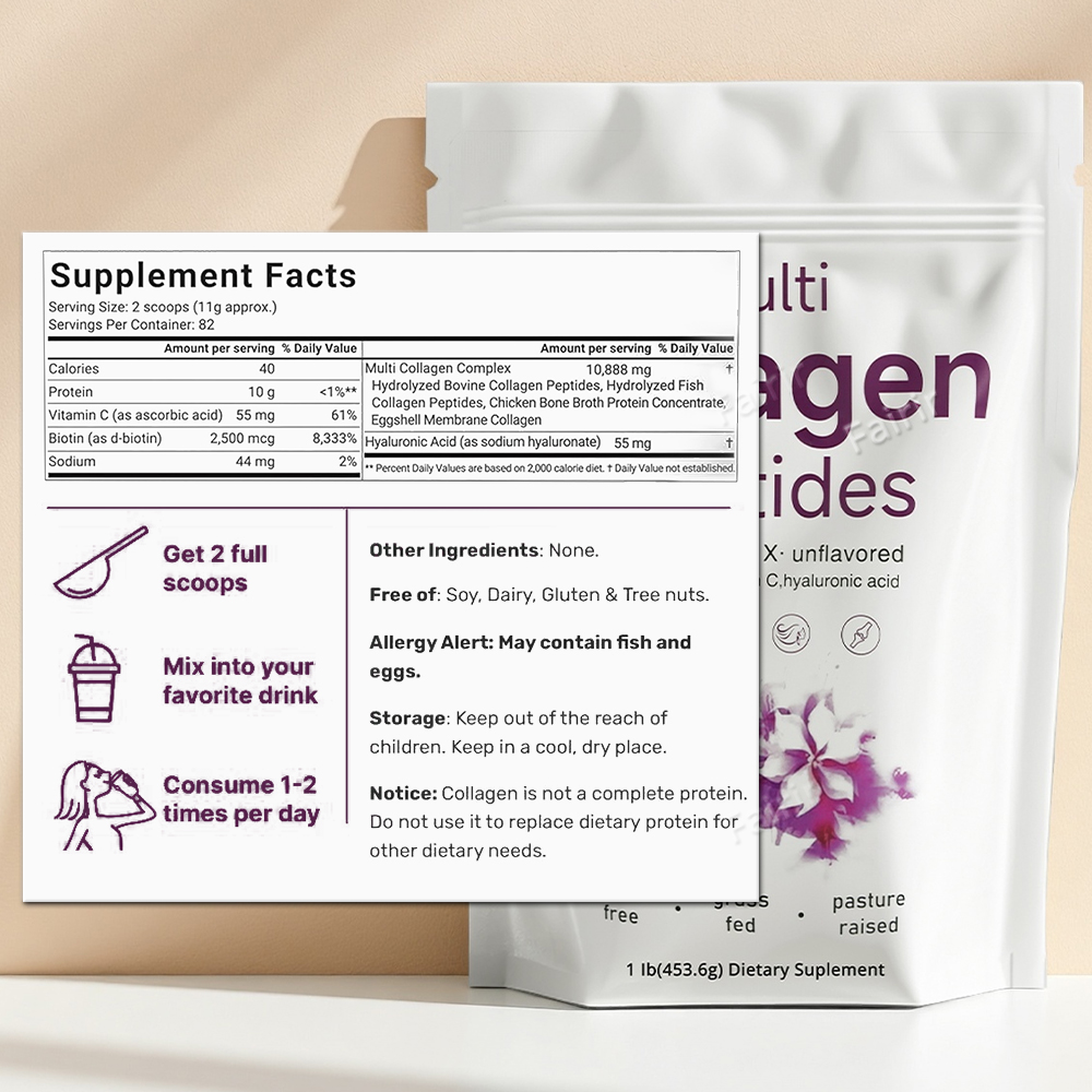 Wholesale Multi Collagen Peptides Powder 1lb - Non-GMO Grass Fed Hydrolyzed Protein with Biotin &amp; Hyaluronic Acid Ready to Ship