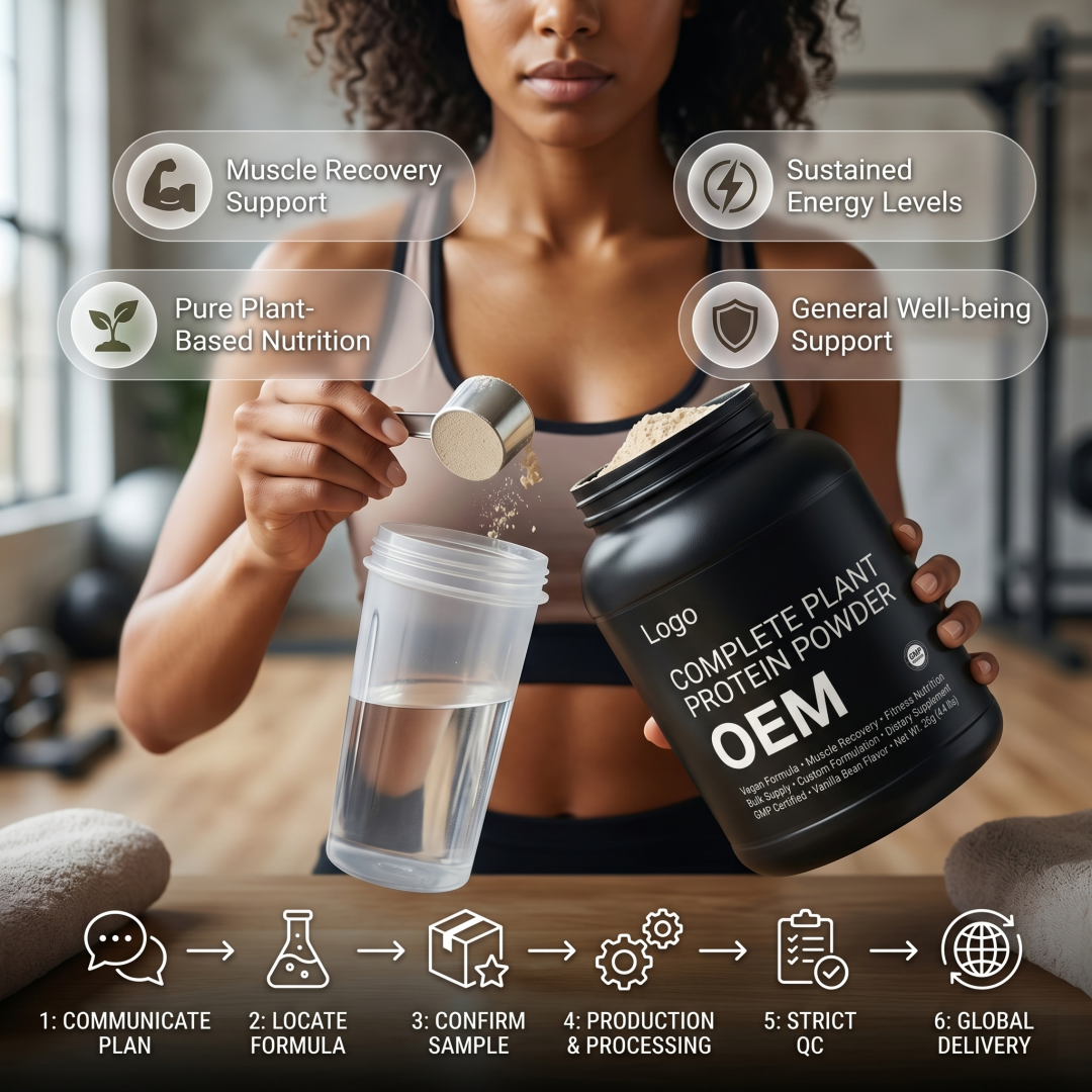 GMP Certified OEM Complete Plant Protein Powder Vegan Muscle Recovery Fitness Nutrition Custom Formula Bulk Adults Children