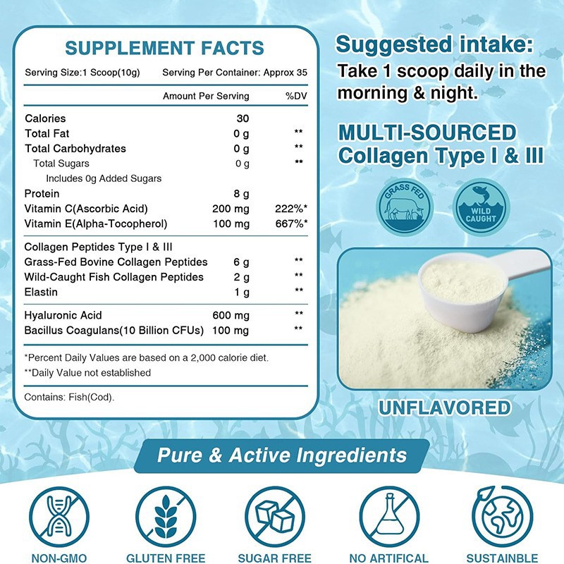 Plant Based Vegan Hydrolyzed Pure Collagen Peptides Powder Multi Proteins 250g Energy Providing Supplement 2 Year Shelf
