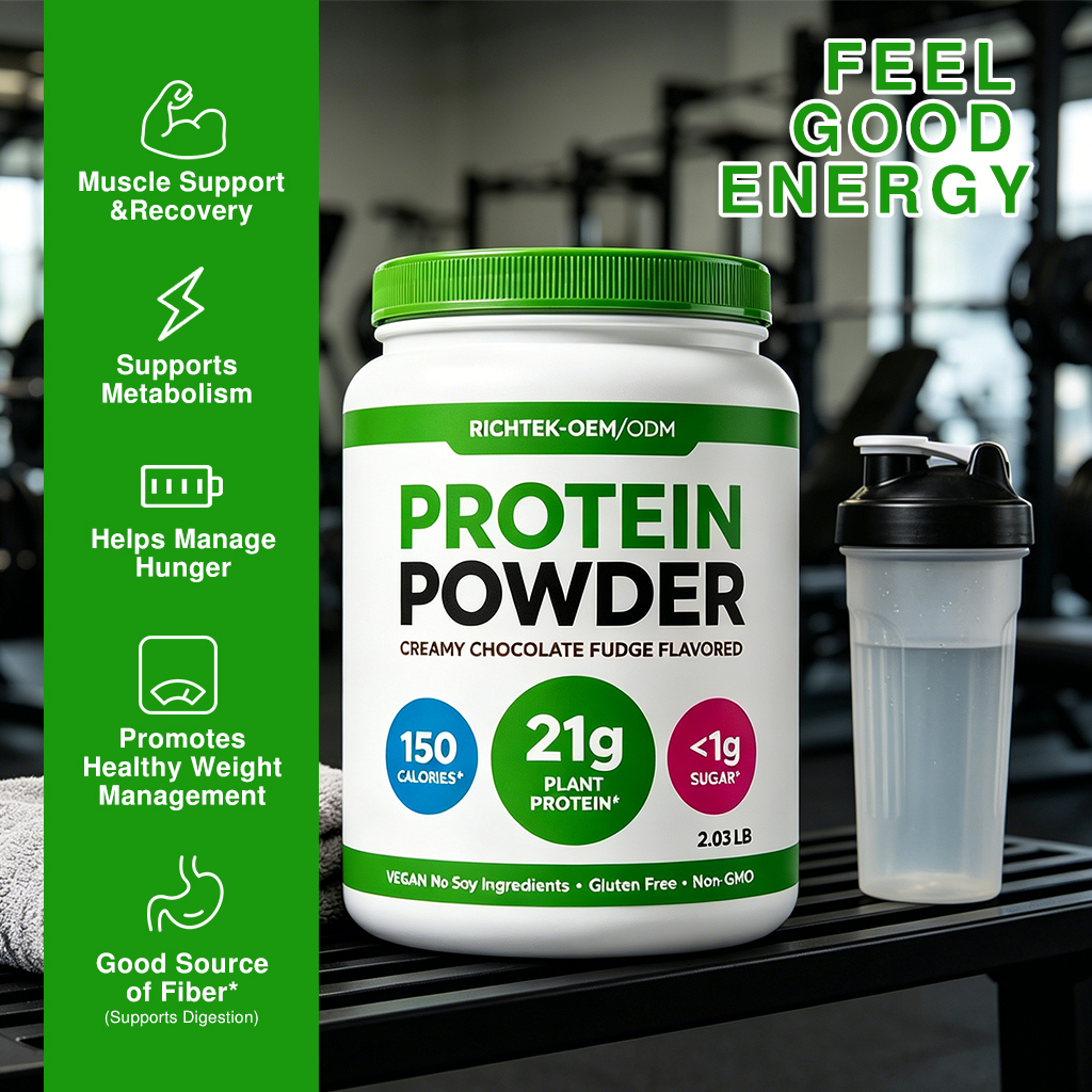 RICHTEK OEM/ODM Vegan Protein Powder 21g Plant Protein, 6g Prebiotic Fiber, No Added Sugar, Non-GMOf Or Shakes &amp; Smoothies