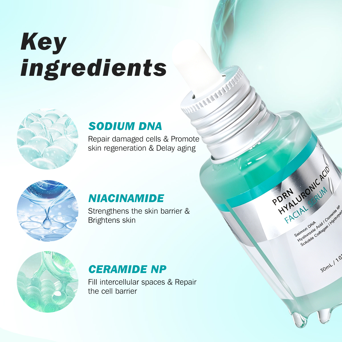 PDRN Serum With Salmon DNA, Hyaluronic Acid &amp; Collagen, Face Anti-Aging Firming, Plumping, Korean Recipe Skincare, 30ml