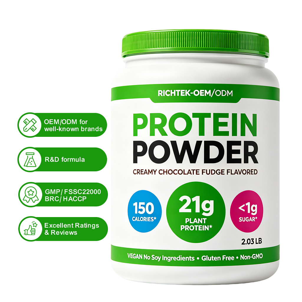 RICHTEK OEM/ODM Vegan Protein Powder 21g Plant Protein, 6g Prebiotic Fiber, No Added Sugar, Non-GMOf Or Shakes &amp; Smoothies