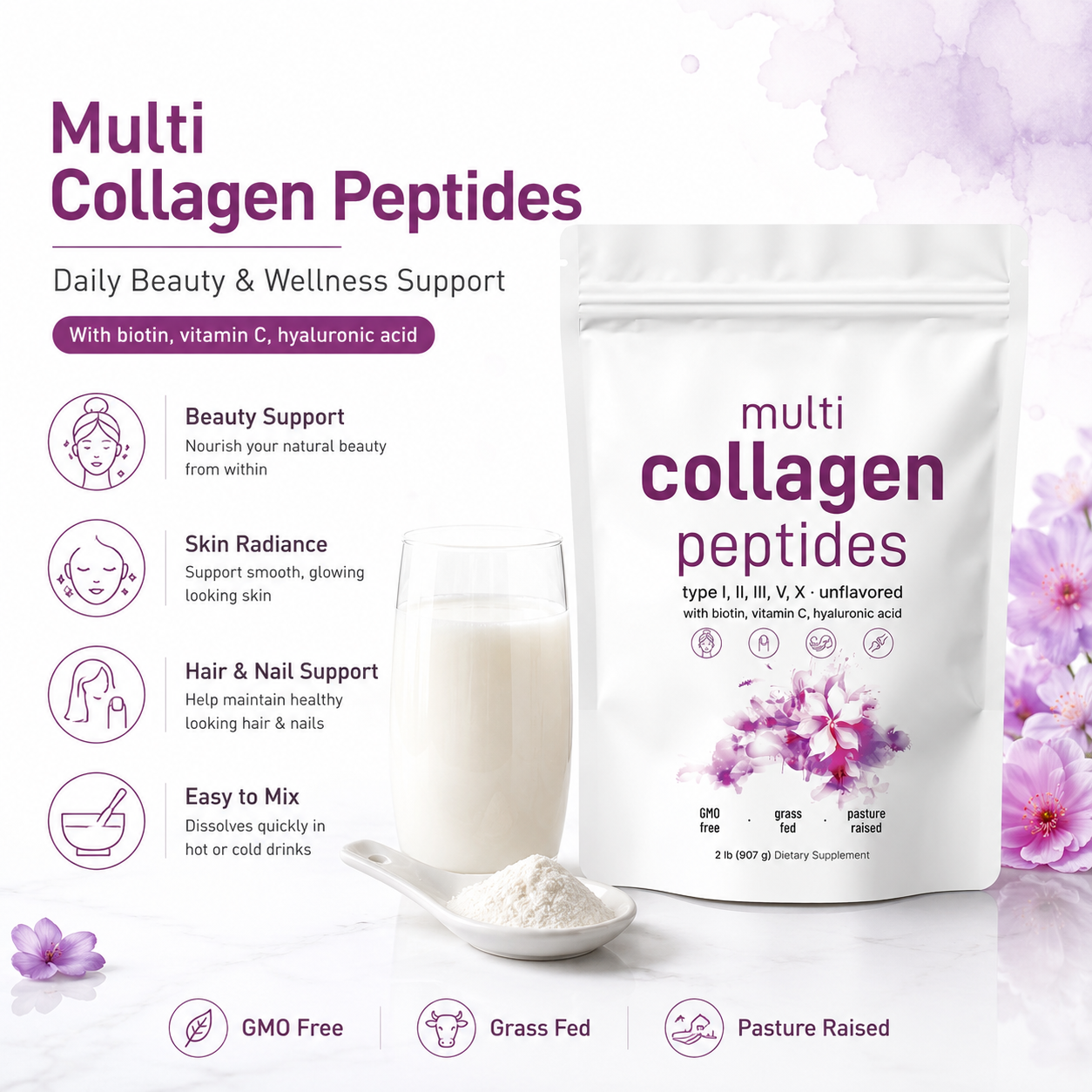 OEM Multi Collagen Peptides Powder Hydrolyzed Protein Peptides Hyaluronic Acid Biotin Vitamin C Natural Skin Beauty Product 2lb