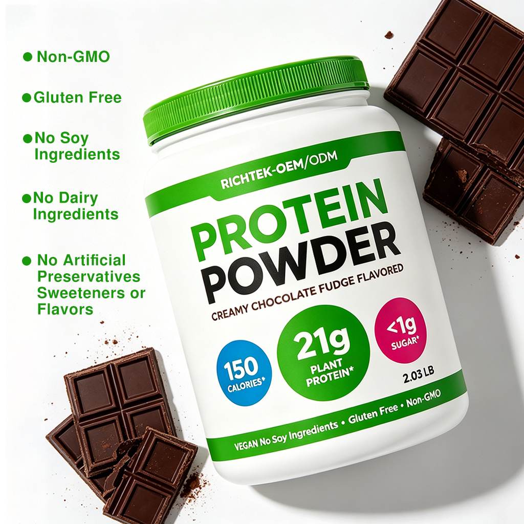 RICHTEK OEM/ODM Vegan Protein Powder 21g Plant Protein, 6g Prebiotic Fiber, No Added Sugar, Non-GMOf Or Shakes &amp; Smoothies