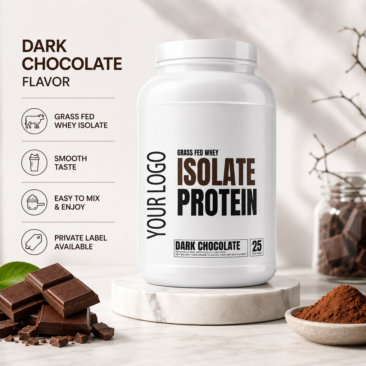 Dark Chocolate Flavor Grass-Fed Whey Protein Isolate Powder Low In Fat &amp; Carbs Supports Muscle Growth For Sports Nutrition