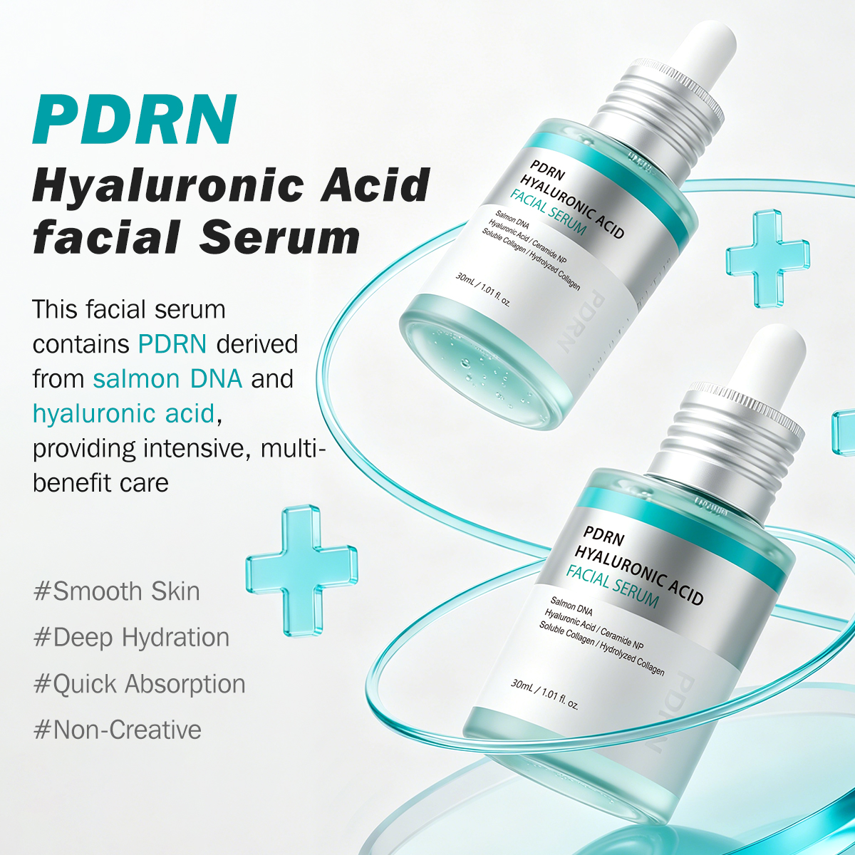 PDRN Serum With Salmon DNA, Hyaluronic Acid &amp; Collagen, Face Anti-Aging Firming, Plumping, Korean Recipe Skincare, 30ml