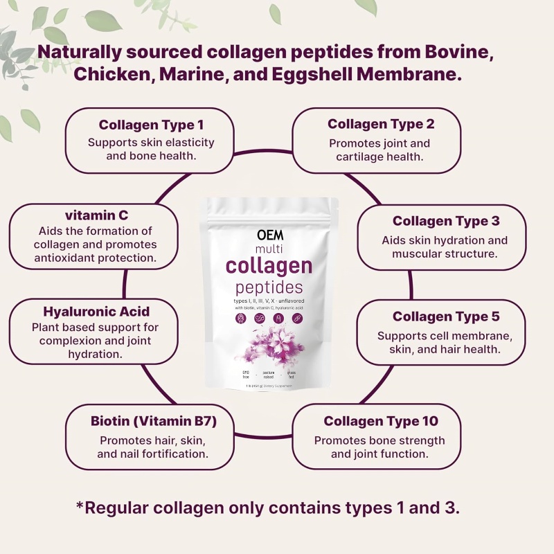OEM Private Label Hydrolyzed Multi Collagen Peptides Powder for Beauty Skin and Hair Grown
