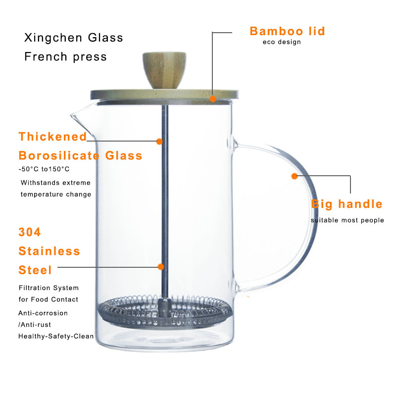 Manual French Press Coffee Maker with Bamboo Lid and 304 Ss Filter Glass Coffee Brewer