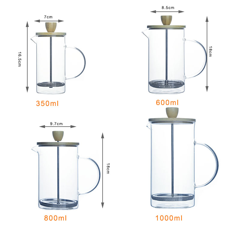 Manual French Press Coffee Maker with Bamboo Lid and 304 Ss Filter Glass Coffee Brewer