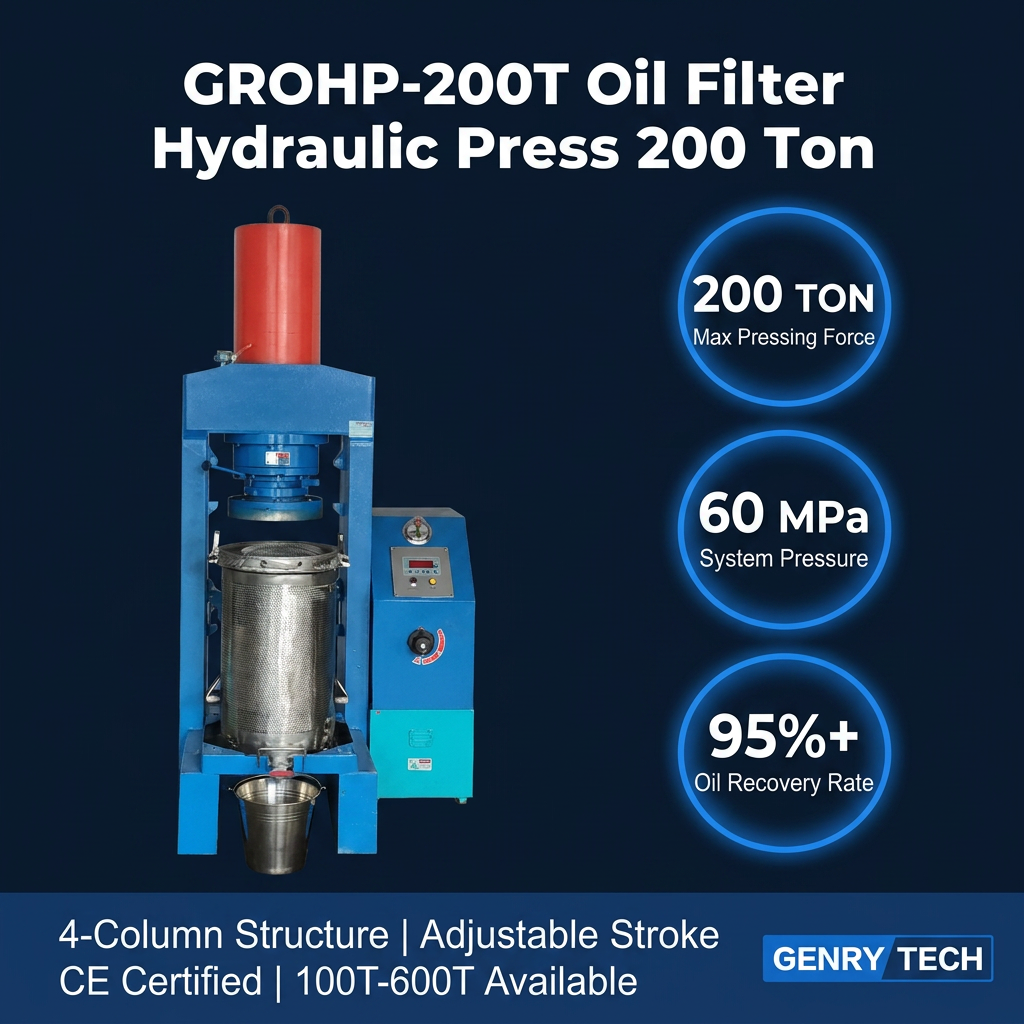 Genrytech Heavy Duty Hydraulic Oil Filter Press 200T Scrap Filter Recycling Compression Machine 480kg/h Capacity 4kw Power 1