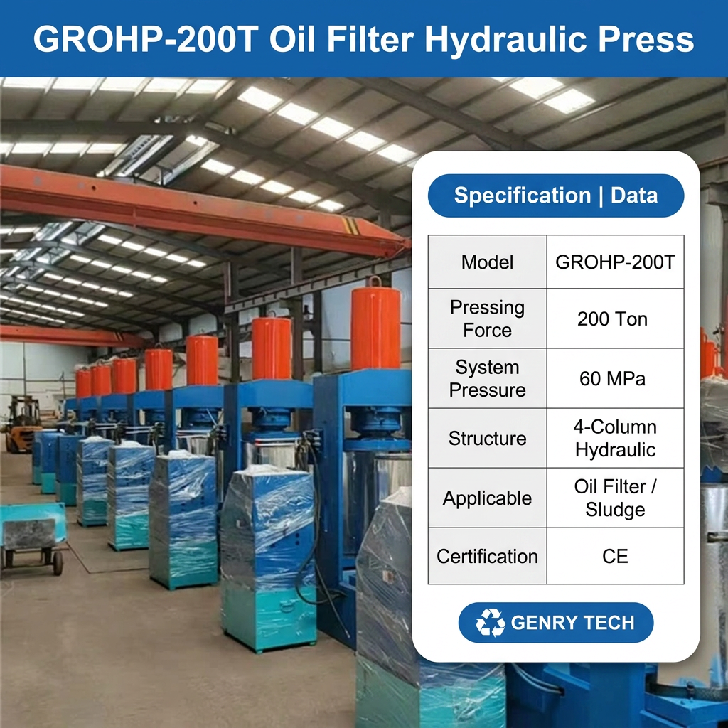 Genrytech Heavy Duty Hydraulic Oil Filter Press 200T Scrap Filter Recycling Compression Machine 480kg/h Capacity 4kw Power 1