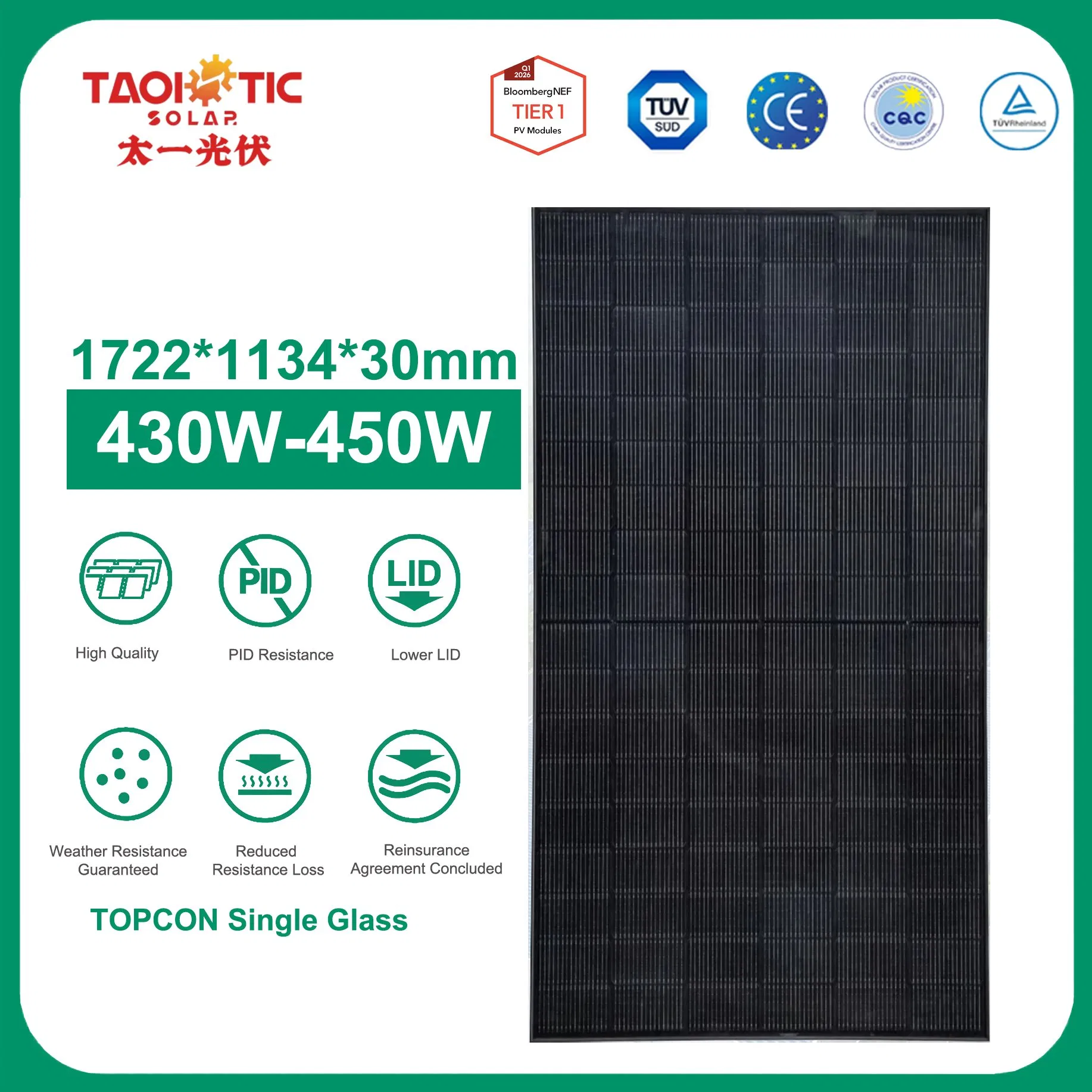 Módulo Fotovoltaico Monocristalino N-Type Topcon Solar Personalizado Taoísta 430-450W