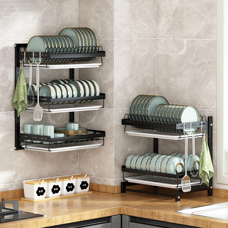 Estante de platos montado en la pared sobre el fregadero, accesorios de cocina, estante de metal inoxidable de gran capacidad, colgante para el fregadero 2 nivel con bandeja para platos