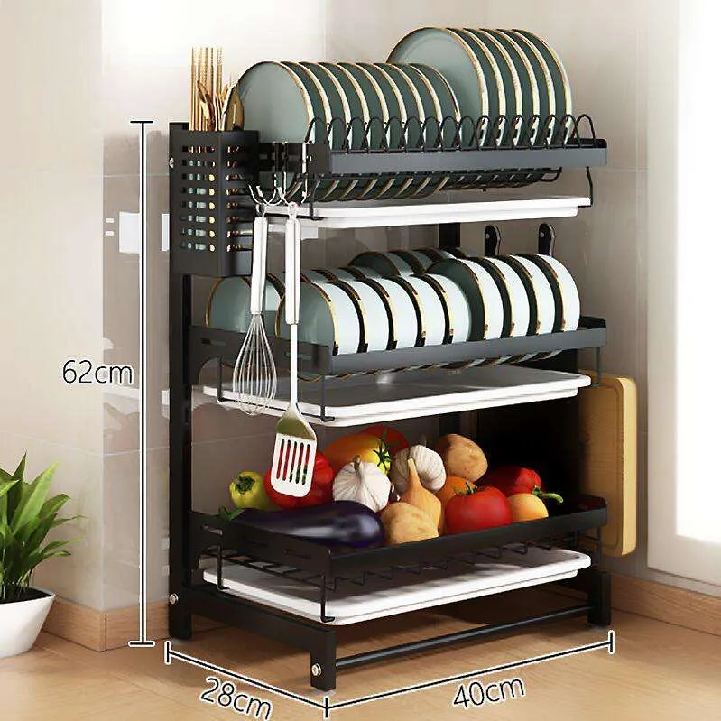 Estante de platos montado en la pared sobre el fregadero, accesorios de cocina, estante de metal inoxidable de gran capacidad, colgante para el fregadero 2 nivel con bandeja para platos