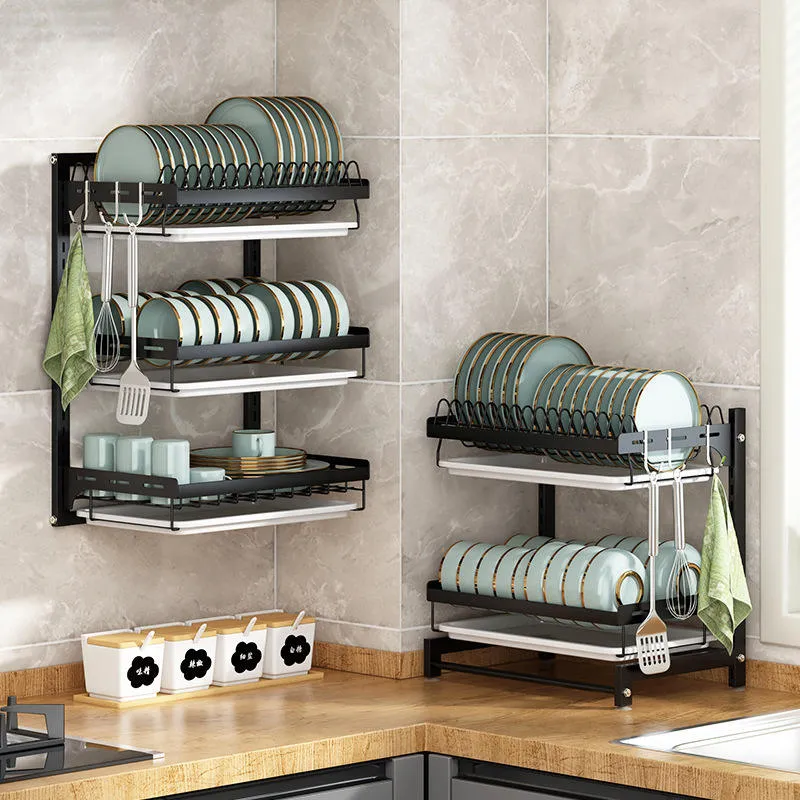 Estante de platos montado en la pared sobre el fregadero, accesorios de cocina, estante de metal inoxidable de gran capacidad, colgante para el fregadero 2 nivel con bandeja para platos