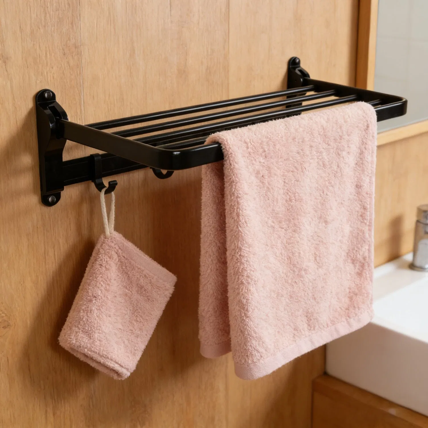 Soporte de toallas de aluminio plegable personalizado - Soporte de toallas de baño montado en la pared con ganchos