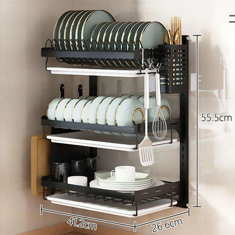 Estante de platos montado en la pared sobre el fregadero, accesorios de cocina, estante de metal inoxidable de gran capacidad, colgante para el fregadero 2 nivel con bandeja para platos