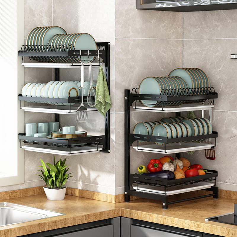 Estante de platos montado en la pared sobre el fregadero, accesorios de cocina, estante de metal inoxidable de gran capacidad, colgante para el fregadero 2 nivel con bandeja para platos