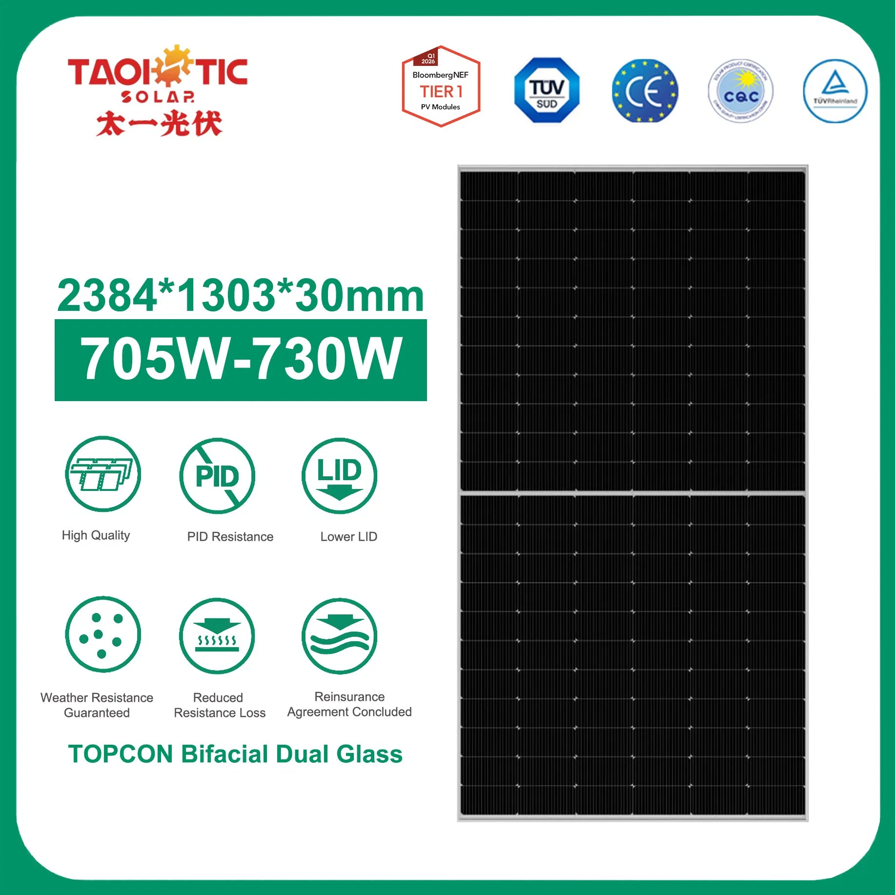 Módulo Solar Bifacial de Doble Cristal de Célula Solar Topcon de Módulo Monocristalino Taoísta 1 705-730W