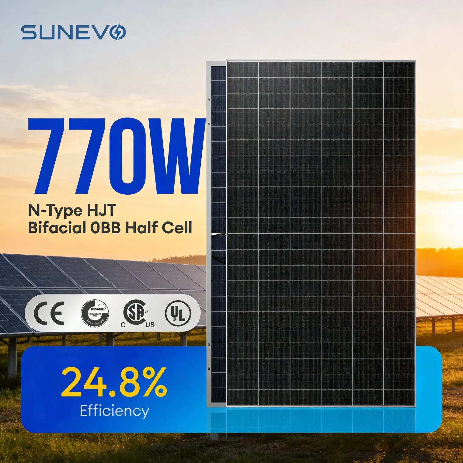 Módulo PV Monocristalino Certificado TUV UL CE 770W con IP68 Caja de Conexiones para Licitación de Proyectos de Energía Solar de Estándar Internacional