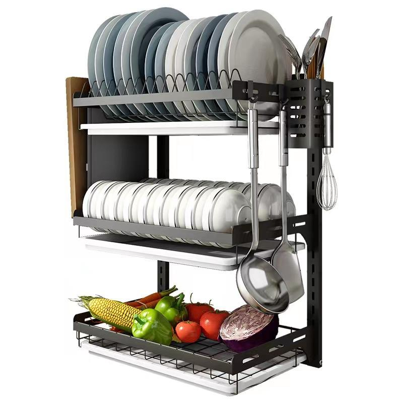 Estante de platos montado en la pared sobre el fregadero, accesorios de cocina, estante de metal inoxidable de gran capacidad, colgante para el fregadero 2 nivel con bandeja para platos