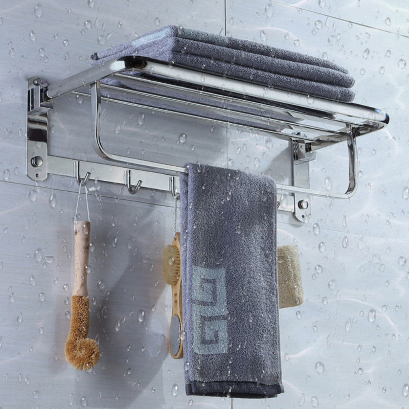 304 Acero Inoxidable 180° Toallero Plegable: Estante de Baño Montado en la Pared de Doble Capa con Ganchos Integrados