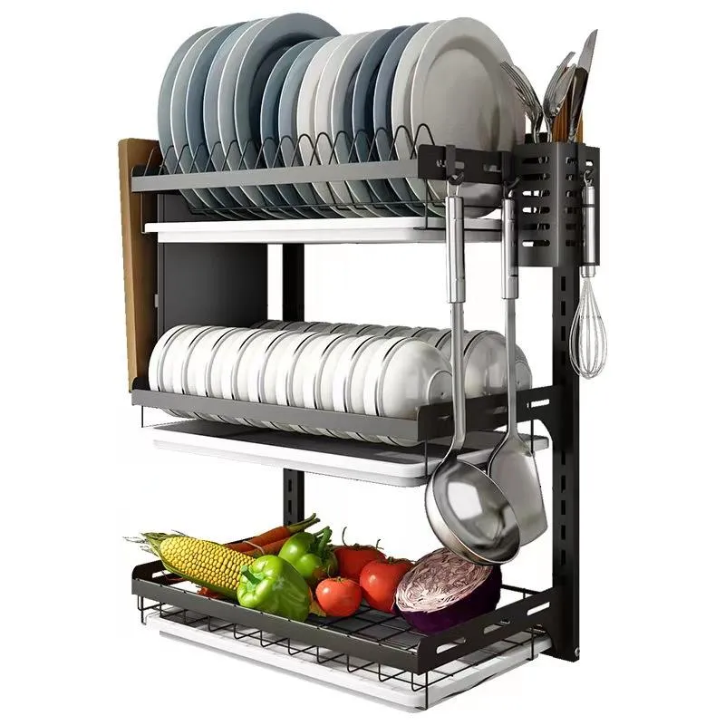 Estante de platos montado en la pared sobre el fregadero, accesorios de cocina, estante de metal inoxidable de gran capacidad, colgante para el fregadero 2 nivel con bandeja para platos