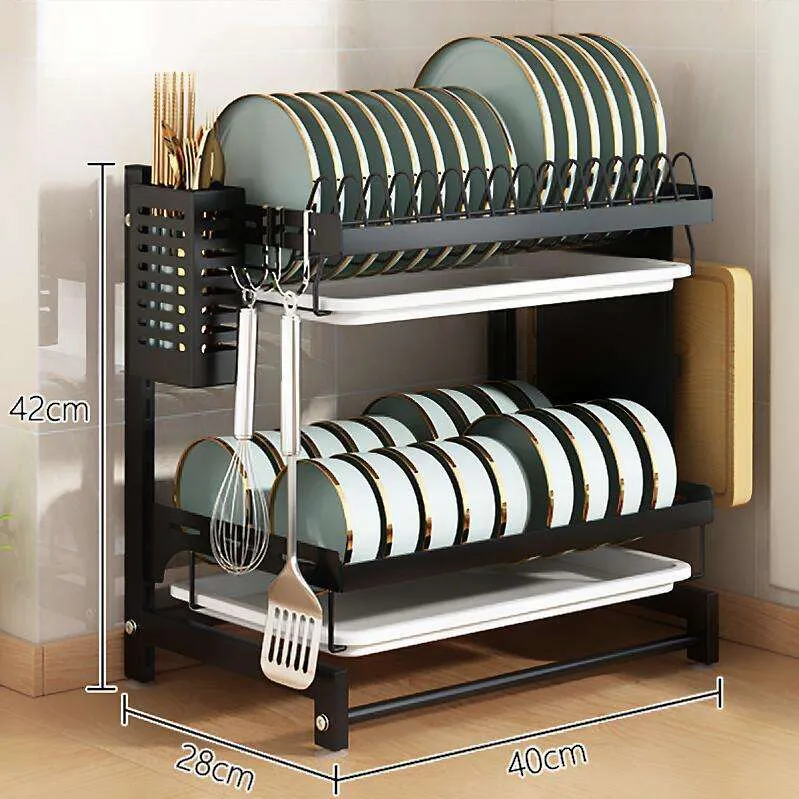Estante de platos montado en la pared sobre el fregadero, accesorios de cocina, estante de metal inoxidable de gran capacidad, colgante para el fregadero 2 nivel con bandeja para platos