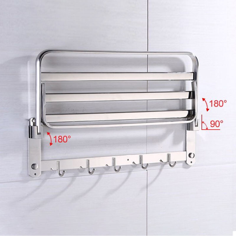 304 Acero Inoxidable 180° Toallero Plegable: Estante de Baño Montado en la Pared de Doble Capa con Ganchos Integrados