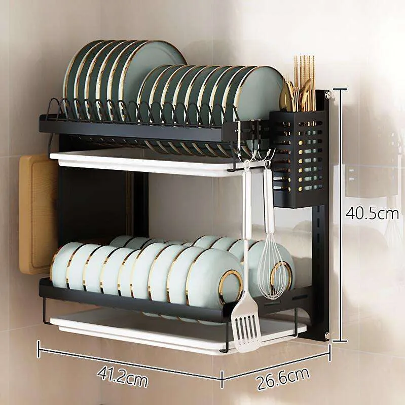 Estante de platos montado en la pared sobre el fregadero, accesorios de cocina, estante de metal inoxidable de gran capacidad, colgante para el fregadero 2 nivel con bandeja para platos