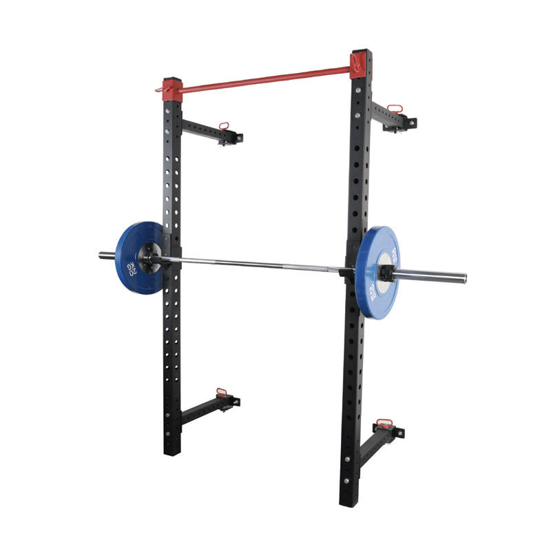 Estante de sentadillas plegable montado en la pared con sistema de polea dual