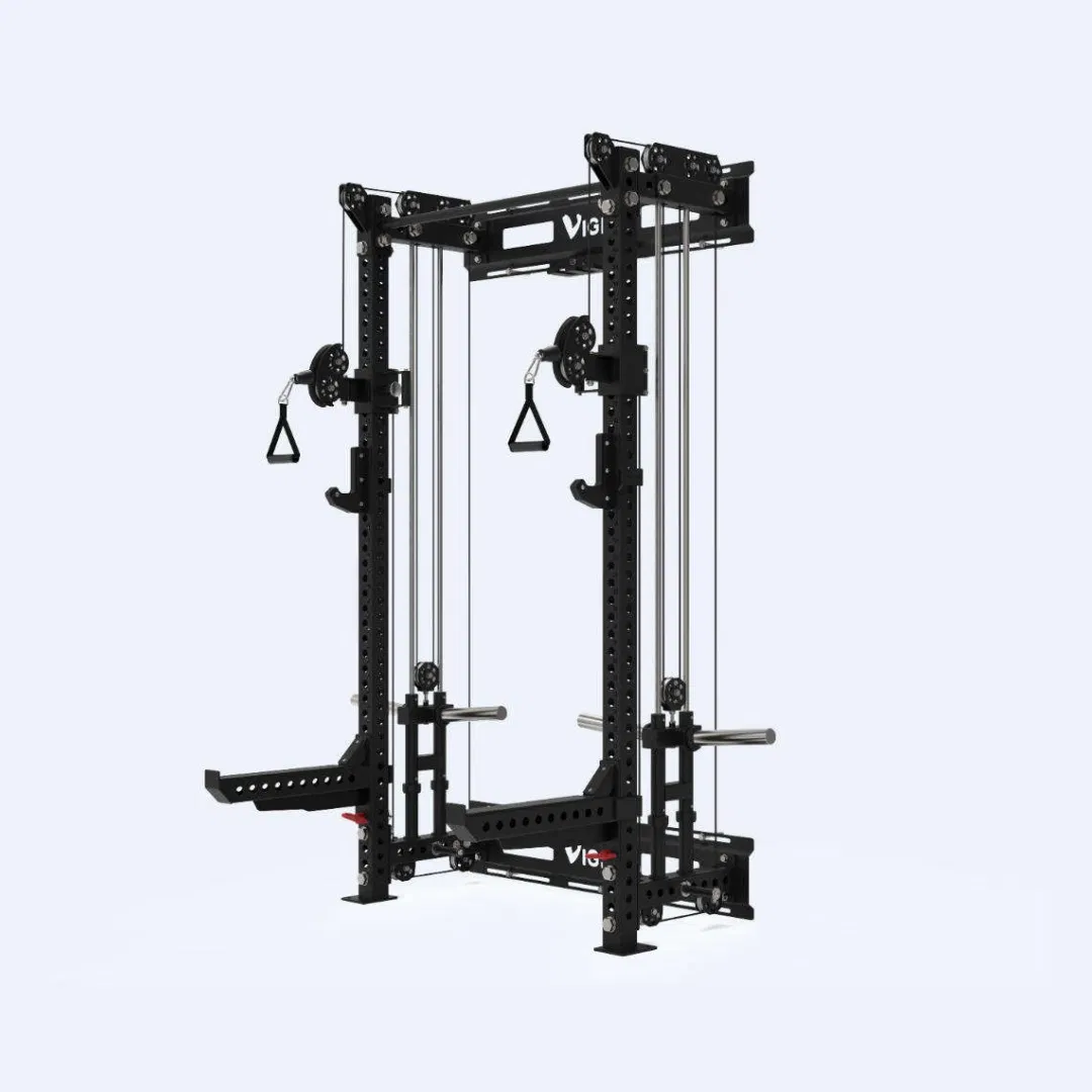 Estante de sentadillas plegable montado en la pared con sistema de polea dual