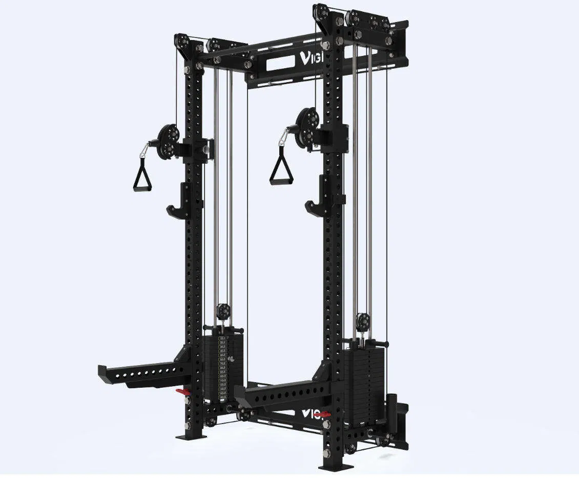 Estante de sentadillas plegable montado en la pared con sistema de polea dual