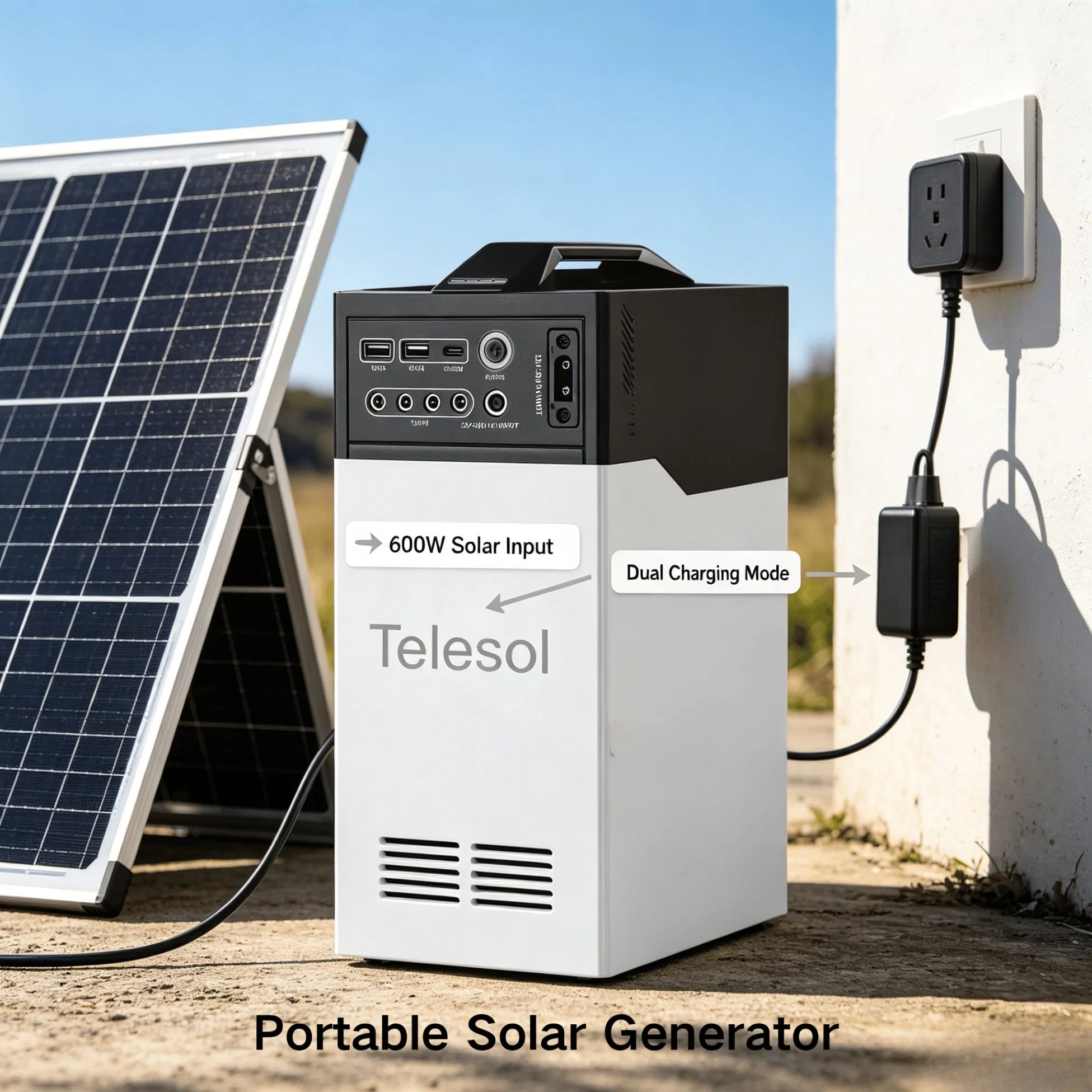 Generador solar con salida USB y DC para estaciones de trabajo móviles