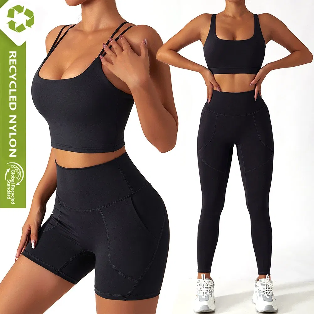 Conjuntos de Roupas de Atividade Sustentáveis, Conjuntos de Treino Reciclados, Top de Yoga Costas Nadador, Leggings Atletas com Bolsos Laterais