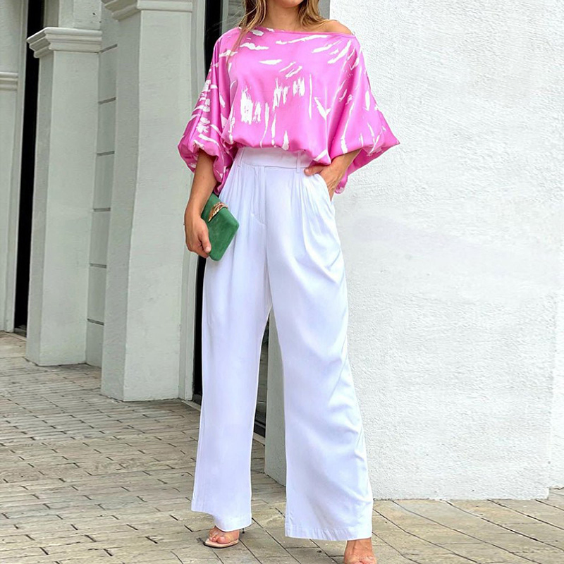 Conjunto de Duas Peças com Estampa Doce, Gola Redonda, Camiseta Curta e Calça Larga, Roupas Femininas