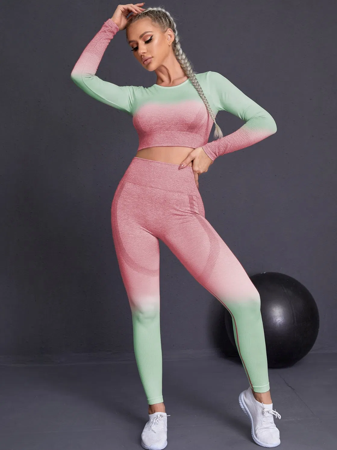Conjunto de Top Cropped de Manga Longa/Top de Sutiã Roupas Ativas Leggings de Cintura Alta Yoga Sem Costura Roupas Femininas