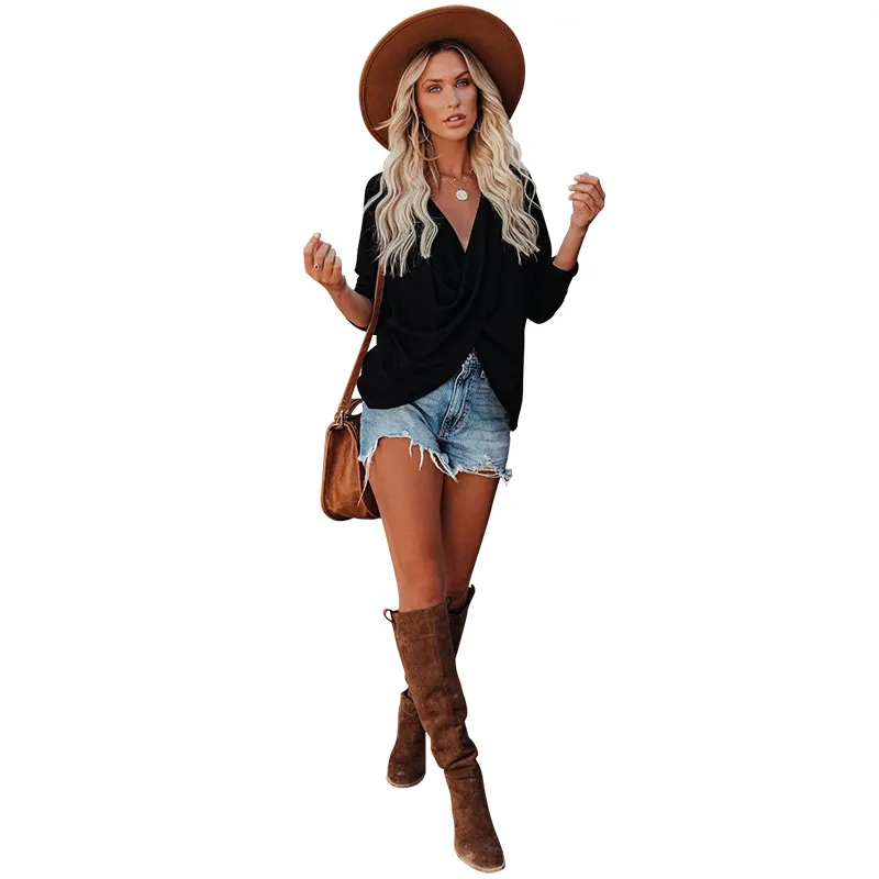Estilo Casual Sólido Camisetas de Manga Longa Decote em V Moda Roupas Femininas