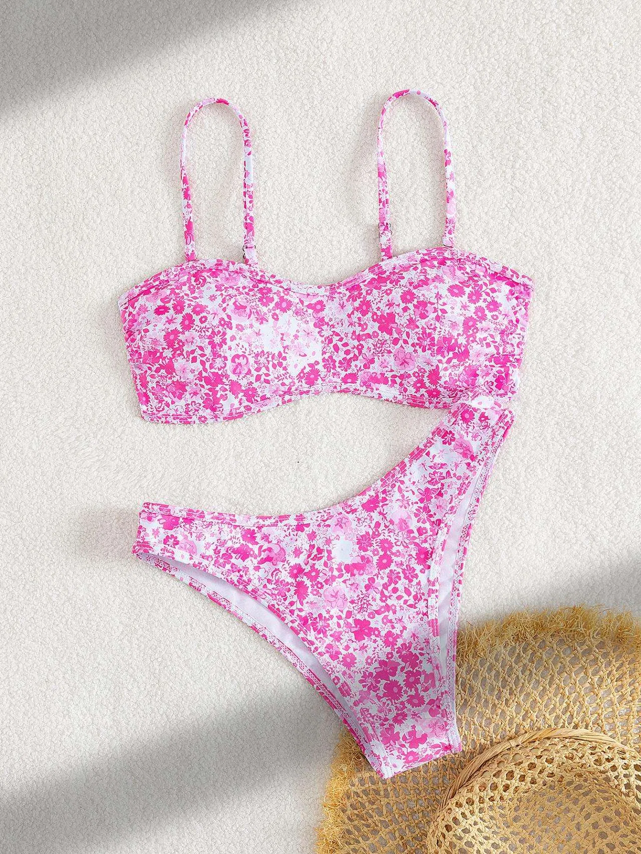 Conjunto de Biquíni Dois Peças Tanga Cintura Alta Controle de Barriga Estampado Moda Praia para Mulheres