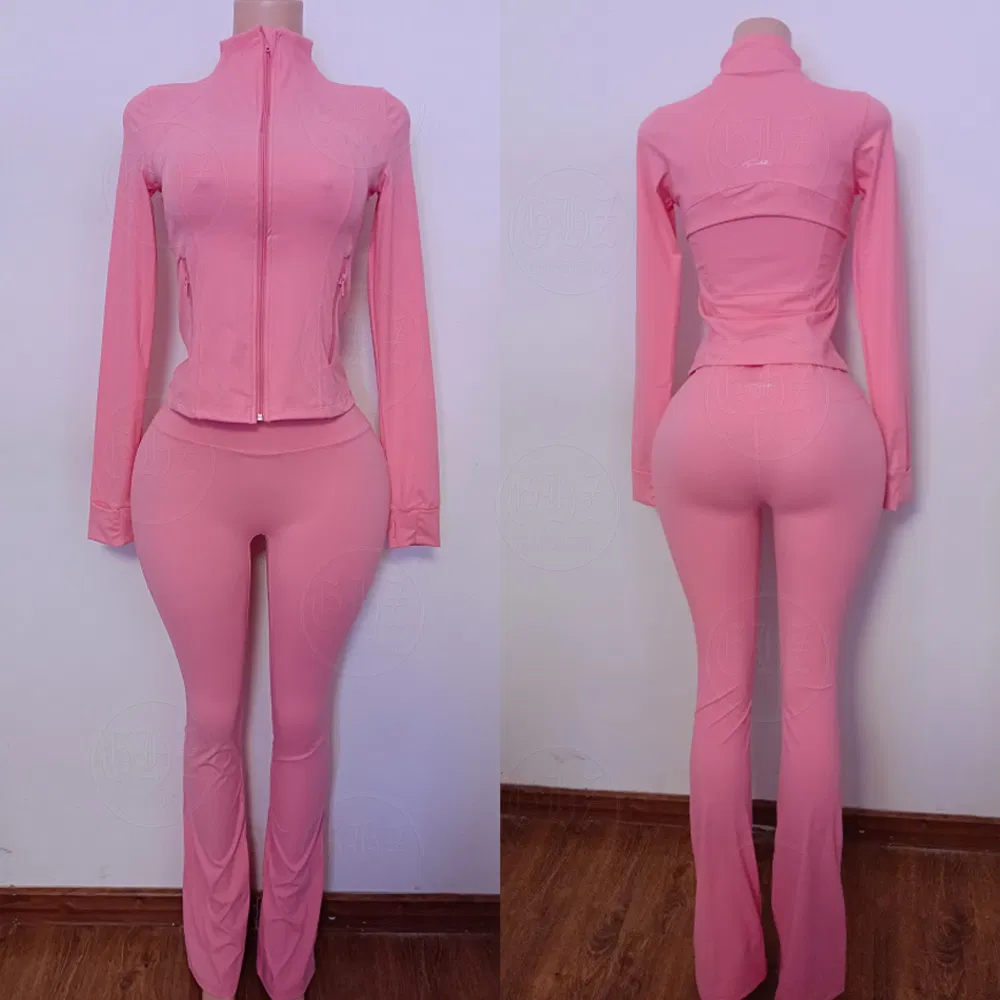 Conjunto de Yoga com Zíper Personalizado de Alta Qualidade para Mulheres, Calça Flare e Jaqueta de Esporte 2 Peça