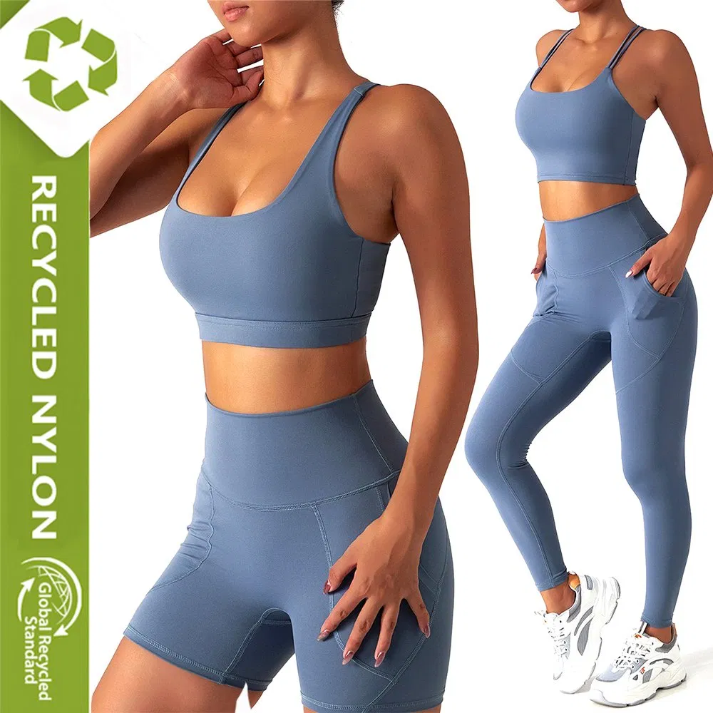 Conjuntos de Roupas de Atividade Sustentáveis, Conjuntos de Treino Reciclados, Top de Yoga Costas Nadador, Leggings Atletas com Bolsos Laterais