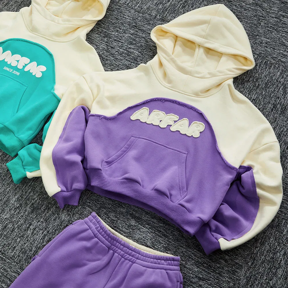 Novas Chegadas de Roupas de Casa Femininas 100% Moletom Pesado com Bordado de Algodão em Bloco de Cores, Pulôver de Loungewear por Atacado