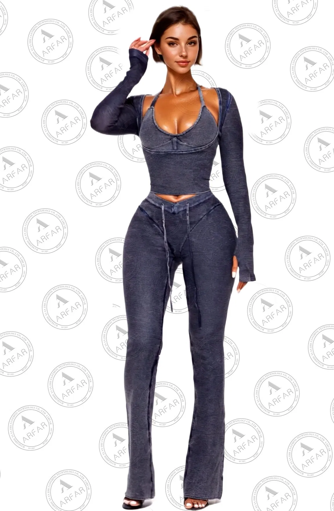 Conjuntos de Atacado para Mulheres, Jaqueta de Manga Longa com Lavagem Ácida, Calças de Moletom Esticadas, Roupas Casuais em Duas Peças para Mulheres