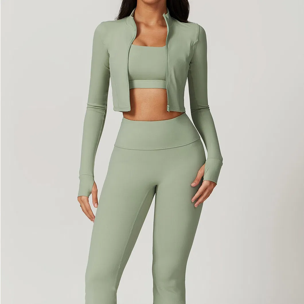 Conjunto de Roupas de Yoga 3 Peça Mulheres Jaqueta de Manga Longa Ativa Top Esportivo Conjunto de Yoga Leggings de Ginástica Roupa de Fitness Conjunto de Esportes