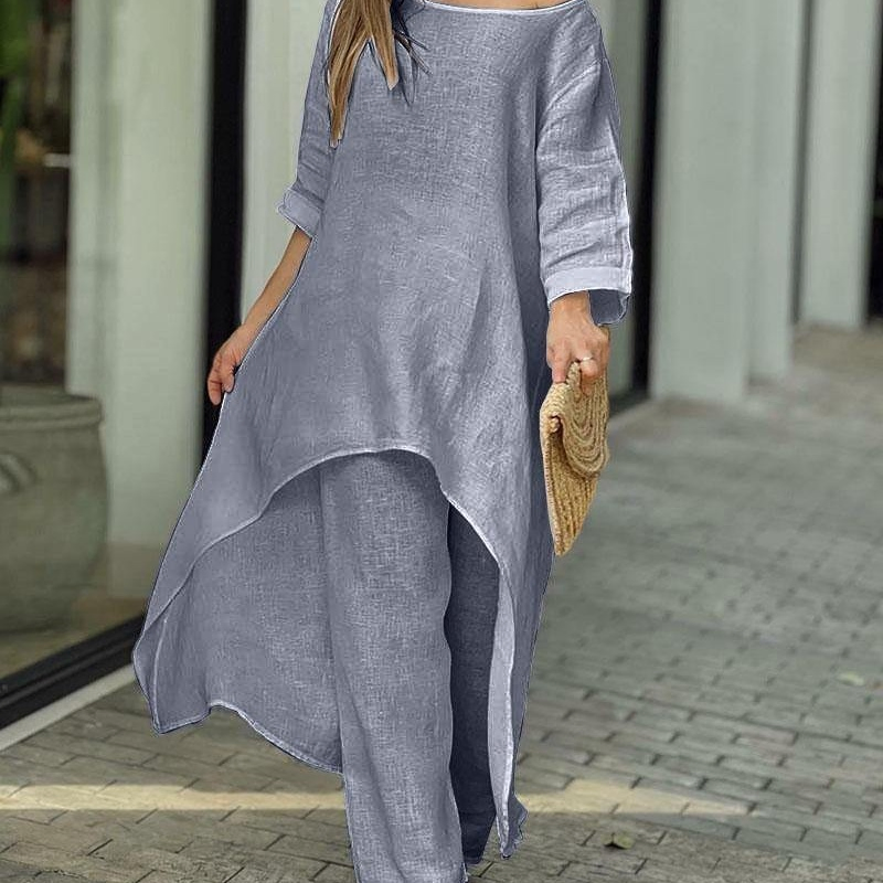 Conjunto Casual Feminino de Primavera e Outono: Blusa Longa de Manga Solta Irregular, Calças de Perna Larga OEM&ODM, Conjunto de Roupas em Tecido Sólido
