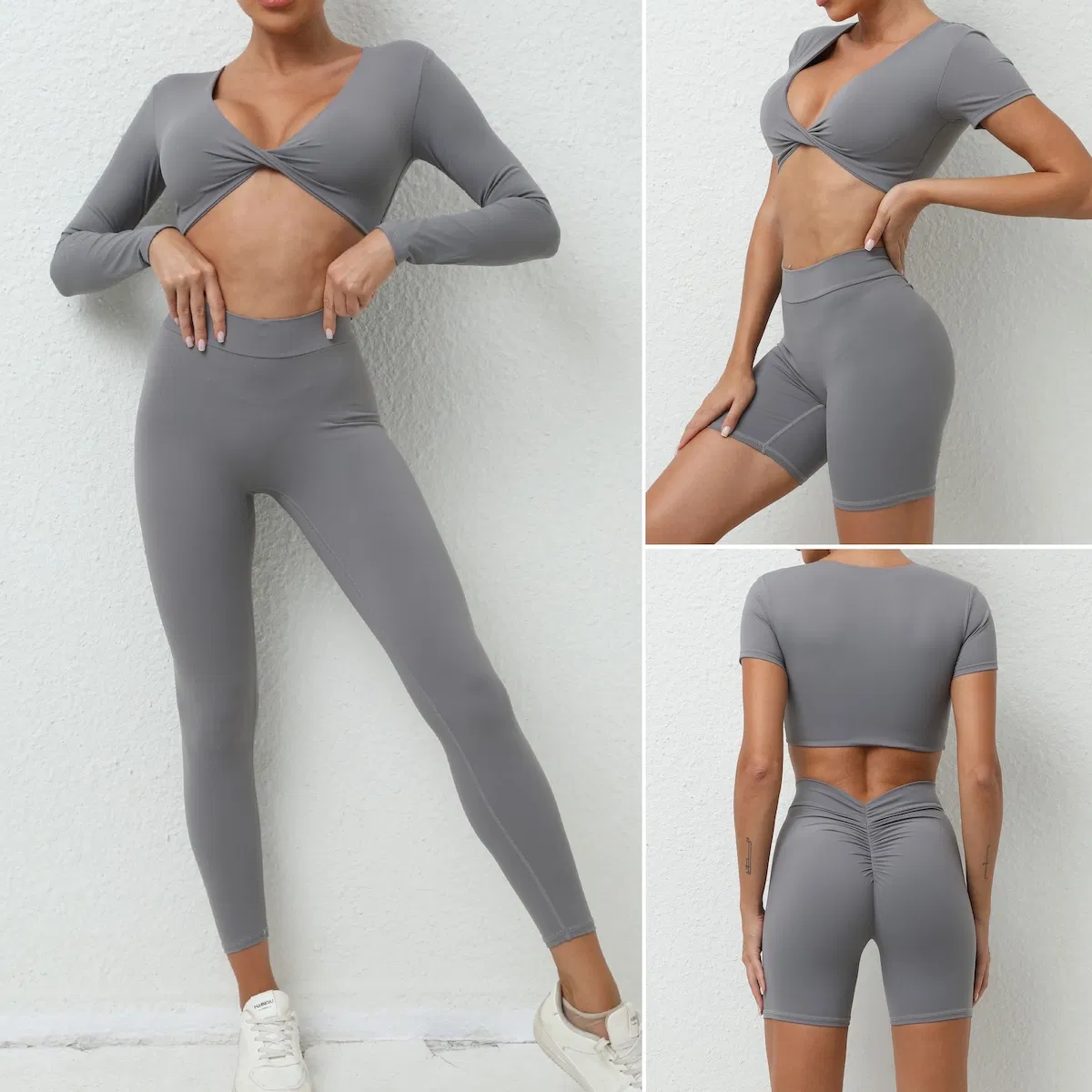 Conjunto de Treino de Luxo Personalizado 4 Peça Roupas de Fitness para Mulheres, Top Cropped Padded Sexy com Decote em V e Shorts + Leggings de Corrida com Efeito Bumbum